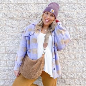 SHEIN Plaid Shacket Purple | Gingham Flap Pocket High Low Tweed Overshirt